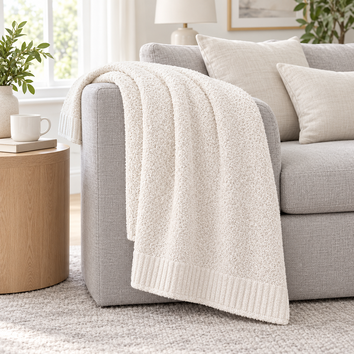 Calemira ivory throw blanket for couch draped decoratively over the arm of a sofa in a living room