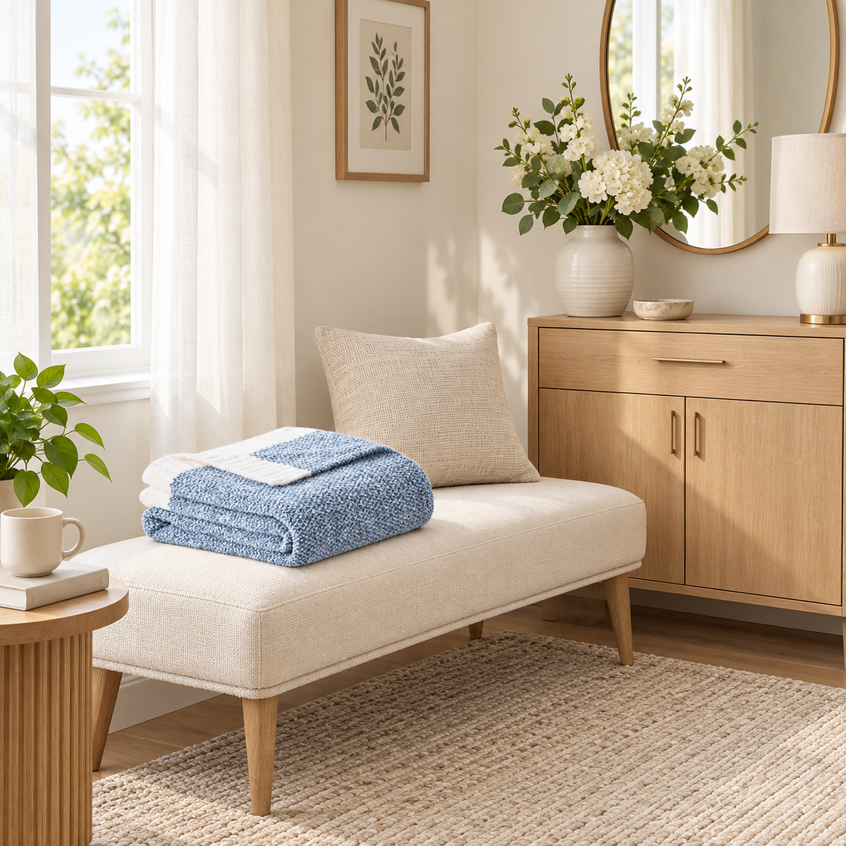 Calemira pale blue soft throw blanket folded on an upholstered dressing bench #color_pale blue