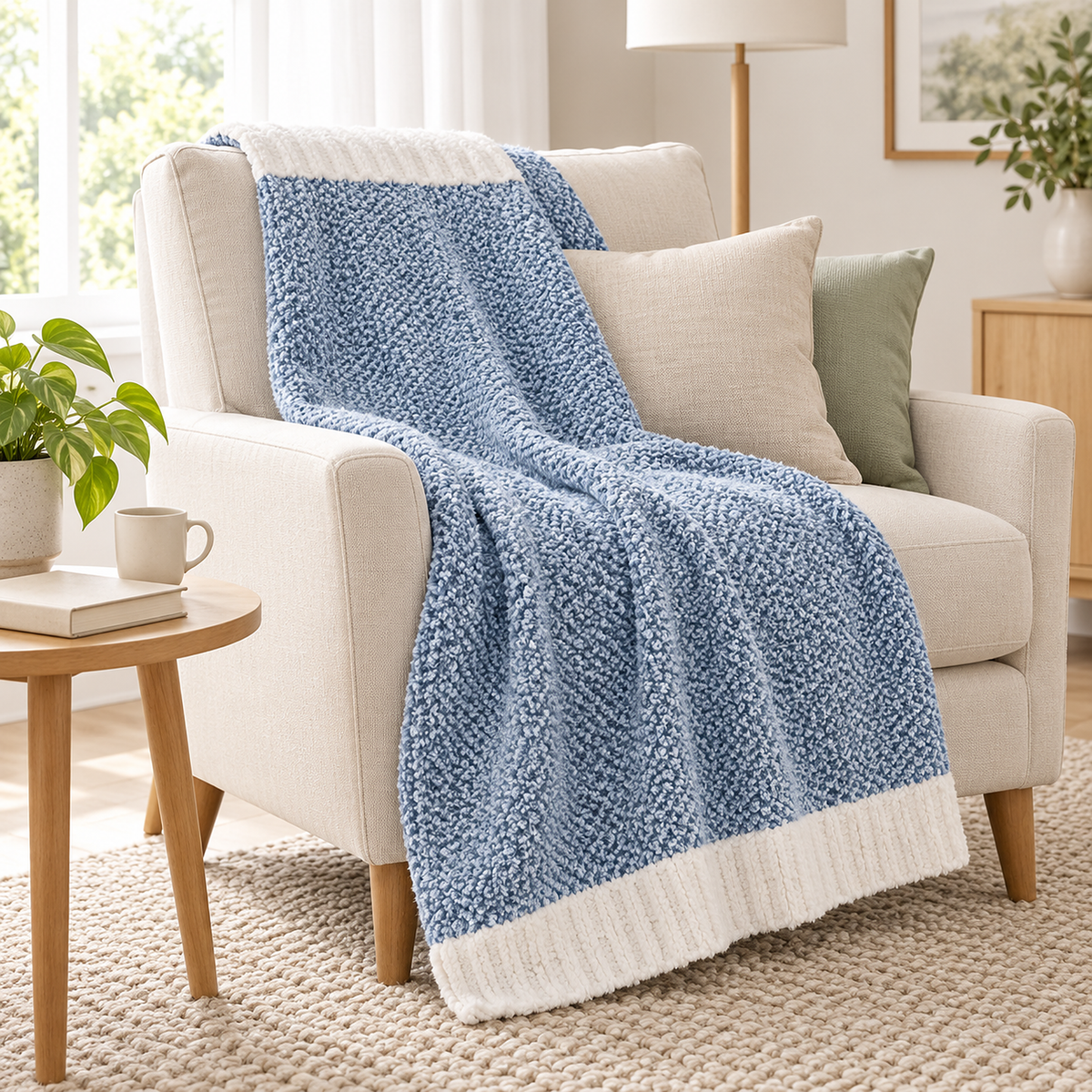 Calemira pale blue throw blanket for couch in a heathered knit draped over an ivory armchair #color_pale blue