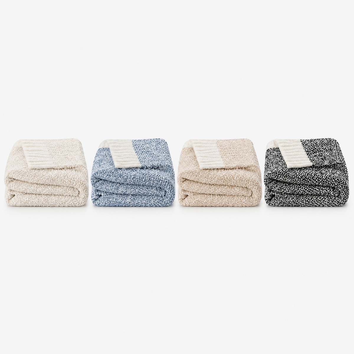 Calemira throw blanket for couch in ivory, pale blue, cream beige and black, folded together
