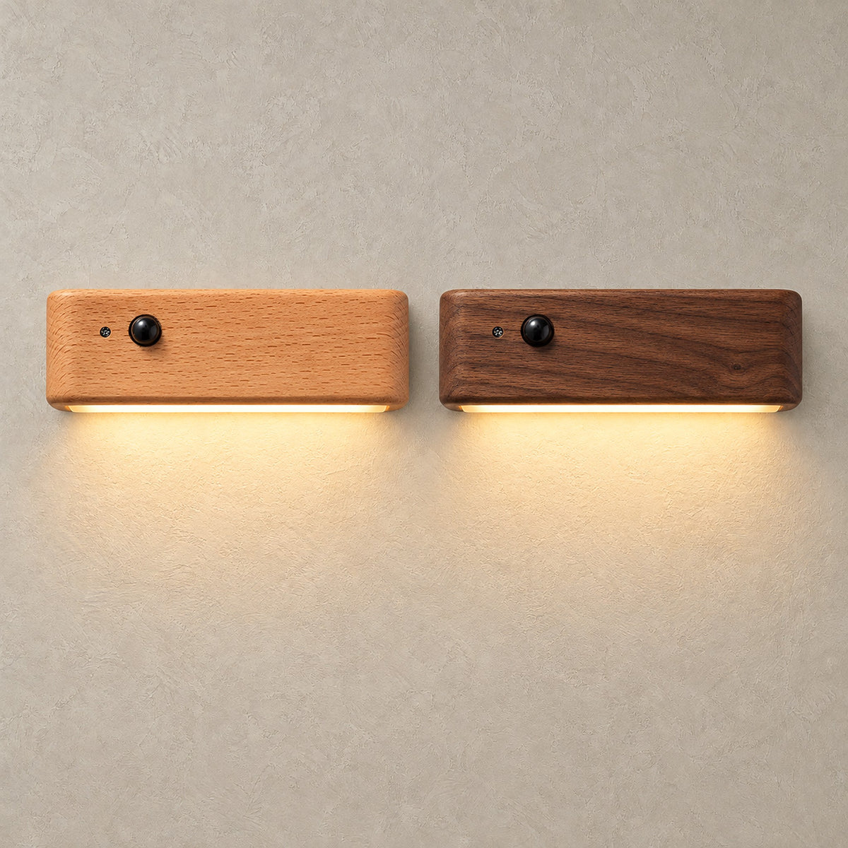 Calenvi natural and walnut cordless wall lamp options side by side, both glowing to compare the two colors