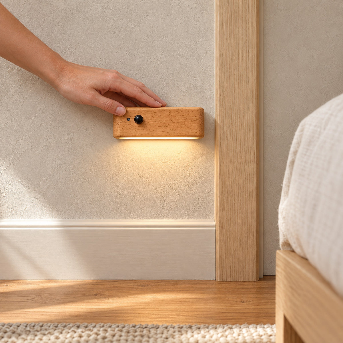 Calenvi natural magnetic motion sensor night light beside the bedroom door trim, glowing in daylight