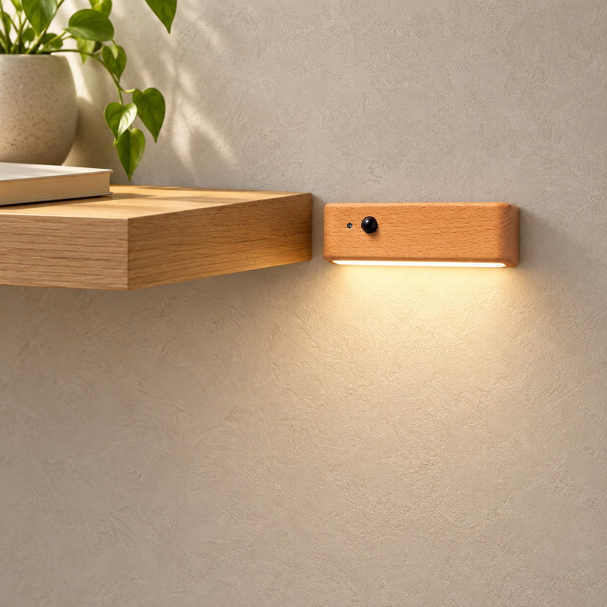 Calenvi natural magnetic motion sensor night light close to a reading nook wall with a warm glow