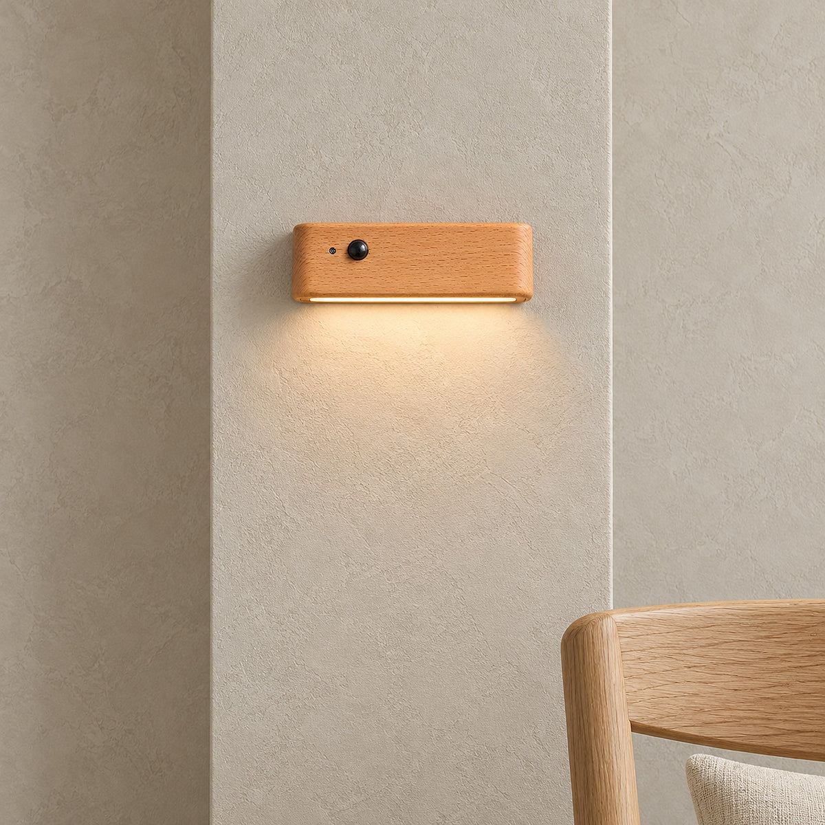 Calenvi natural rechargeable motion sensor night light fitting a narrow dining room wall in daylight