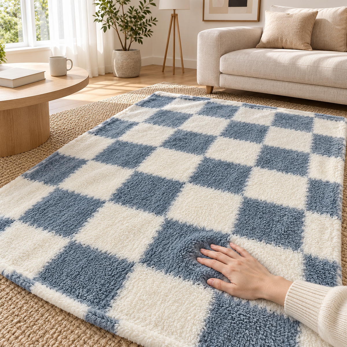 Calevina blue and white soft throw blanket, a hand lightly pressing the checkerboard pile