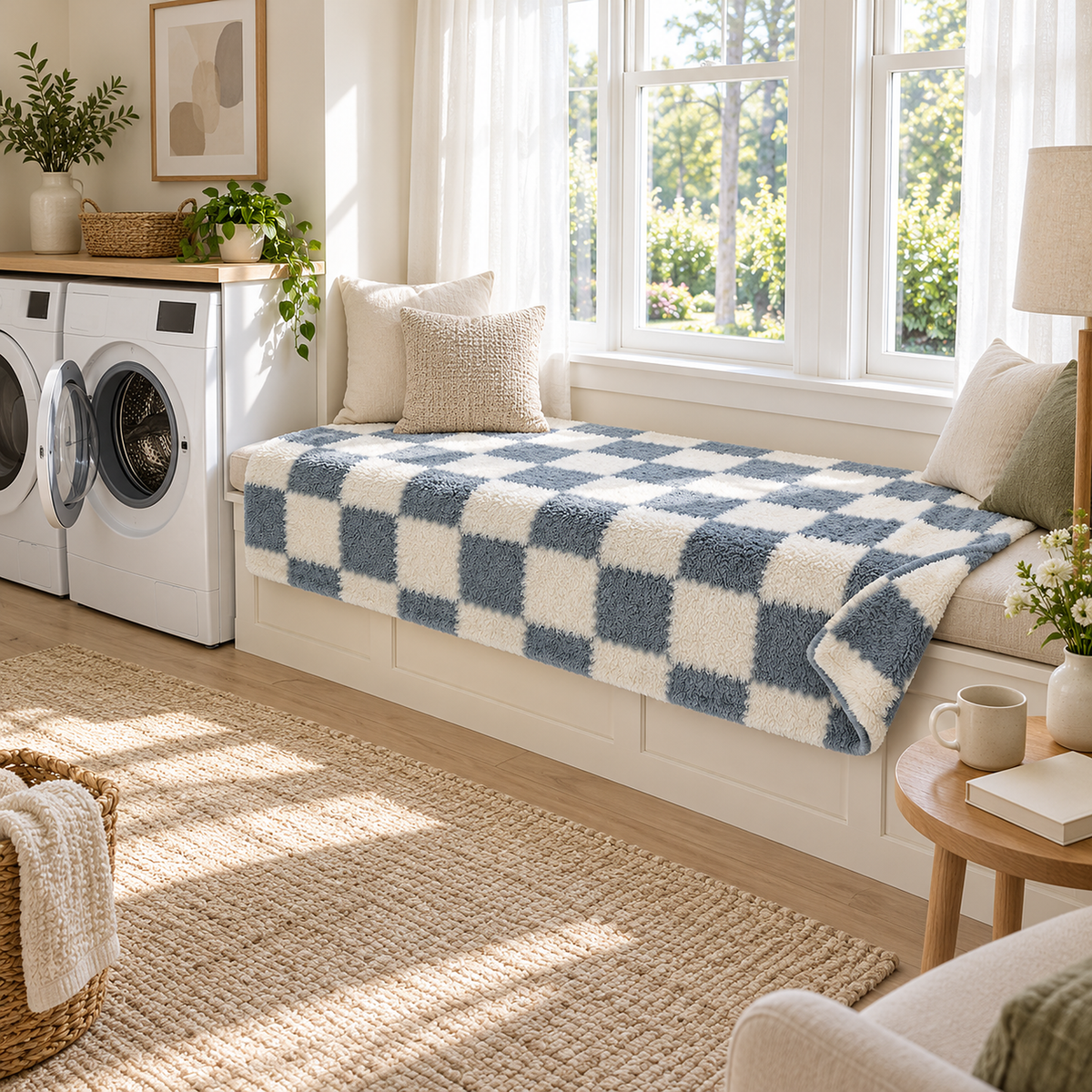 Calevina blue and white soft throw blanket beside a home washer and dryer in a bright laundry room