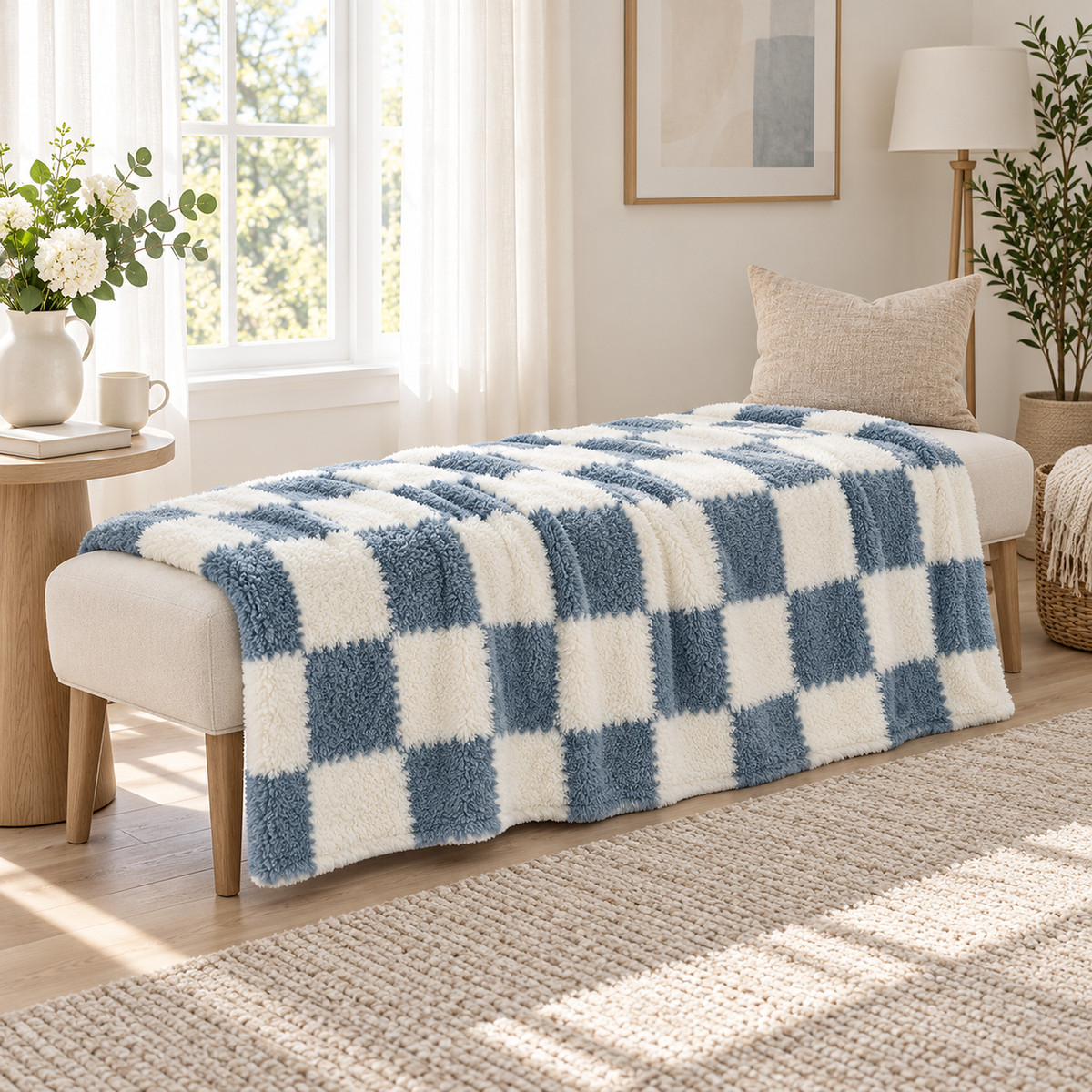 Calevina blue and white throw blanket spread open along an upholstered bench in an entry sitting area