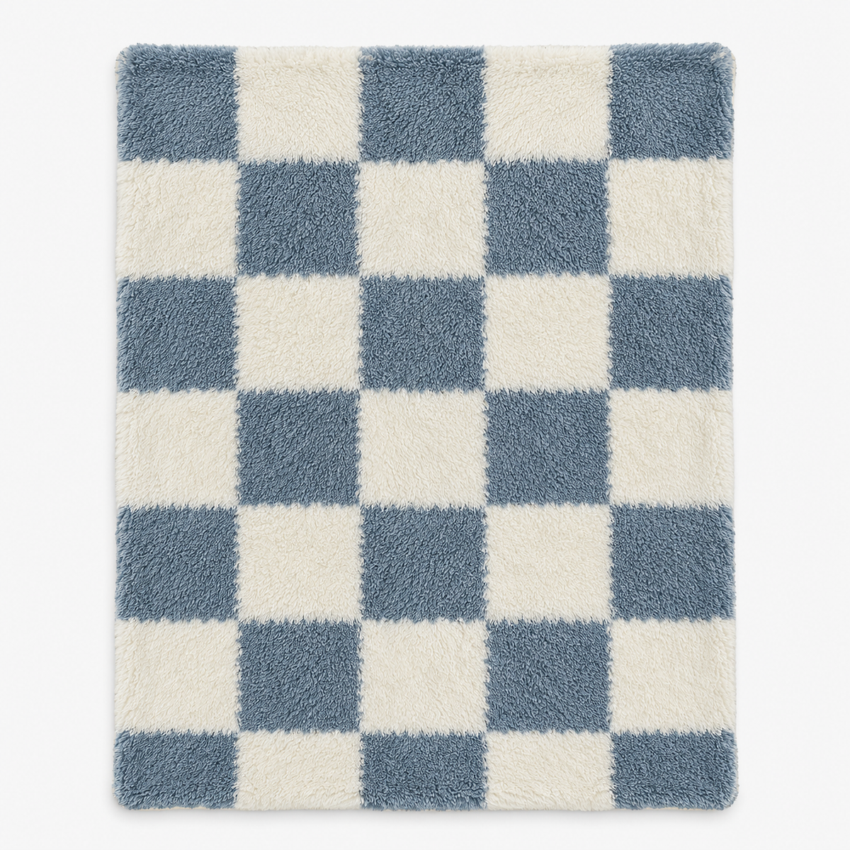 Calevina checkered knit throw blanket in blue and white, the whole checkerboard face laid flat