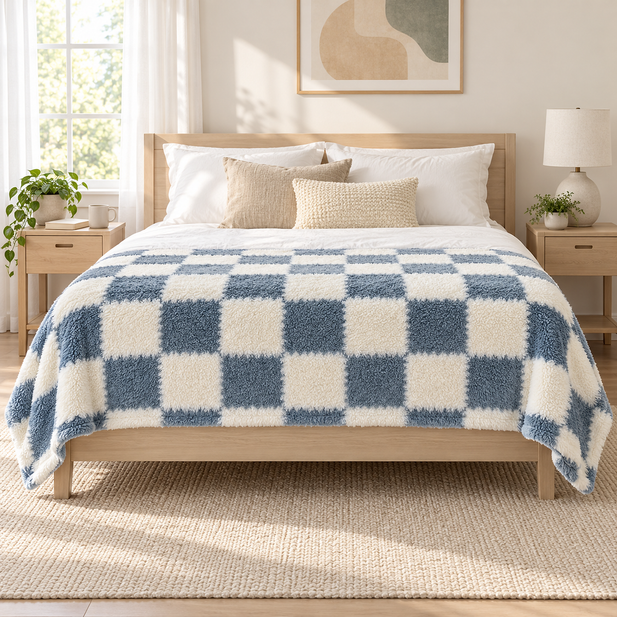 Calevina large blue and white throw blanket spread across the foot of a queen bed in a guest bedroom