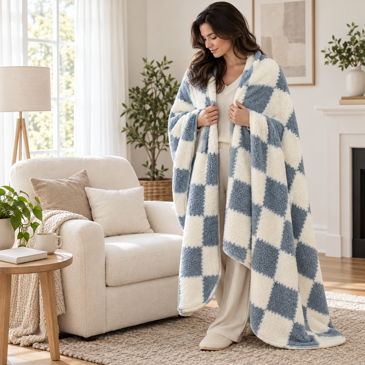 Calevina large blue and white throw blanket wrapped around the shoulders of an adult beside an armchair