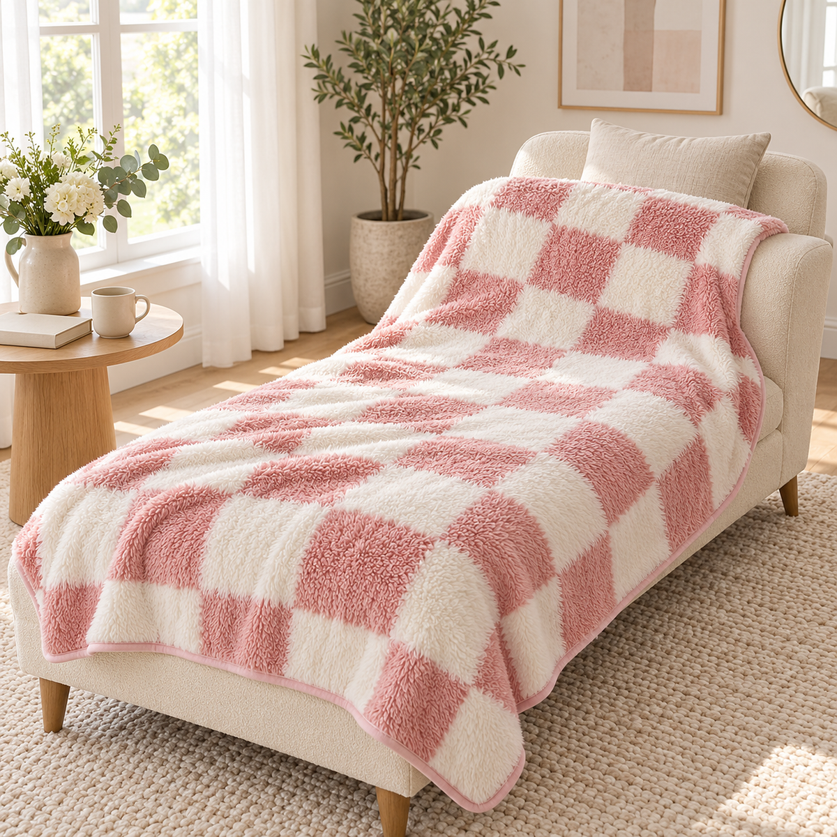 Calevina large pink and white throw blanket for couch, spread along an ivory chaise in a garden facing alcove #color_pink and white