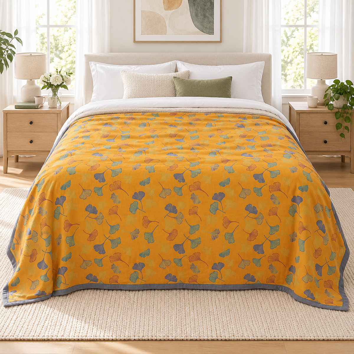 Calimor ginkgo leaf queen size blanket in mustard yellow and gray in its largest size draping past a queen mattress