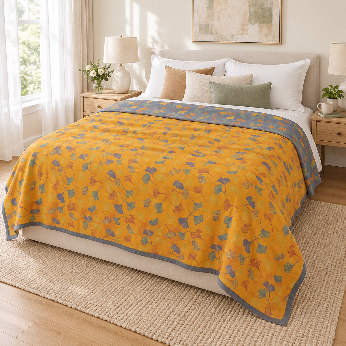 Calimor ginkgo leaf queen size blanket in mustard yellow and gray in the middle size spread over a guest bed
