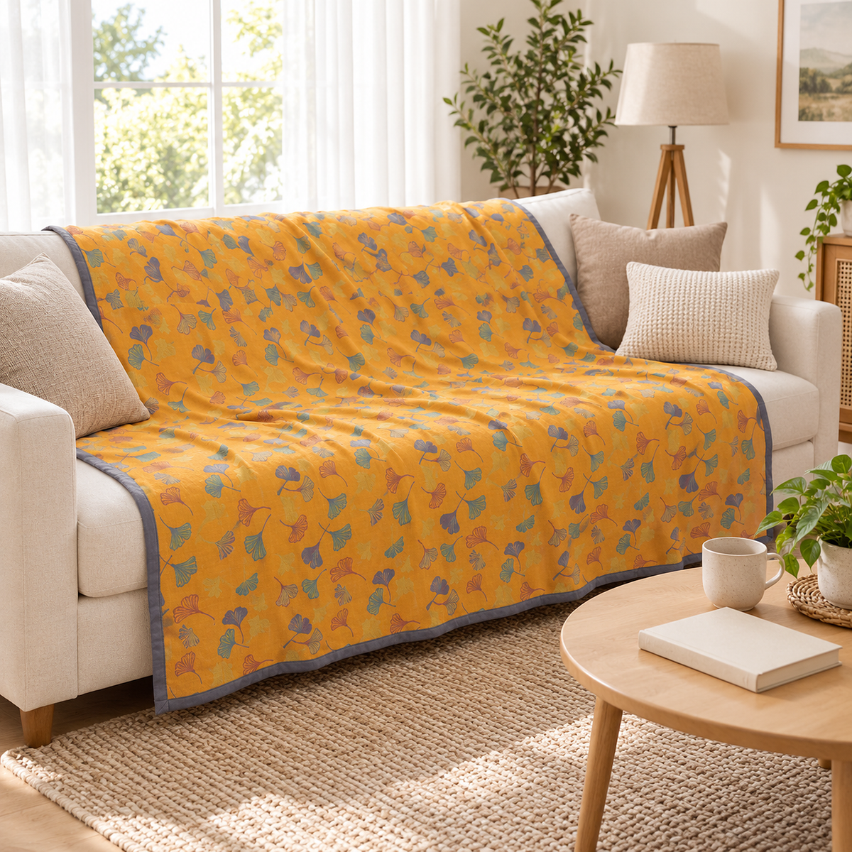 Calimor ginkgo leaf queen size blanket in mustard yellow and gray laid open along an ivory sofa seat