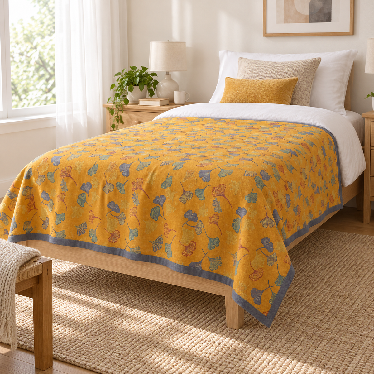 Calimor ginkgo leaf queen size blanket in mustard yellow and gray with a single layer dropping over a twin mattress edge