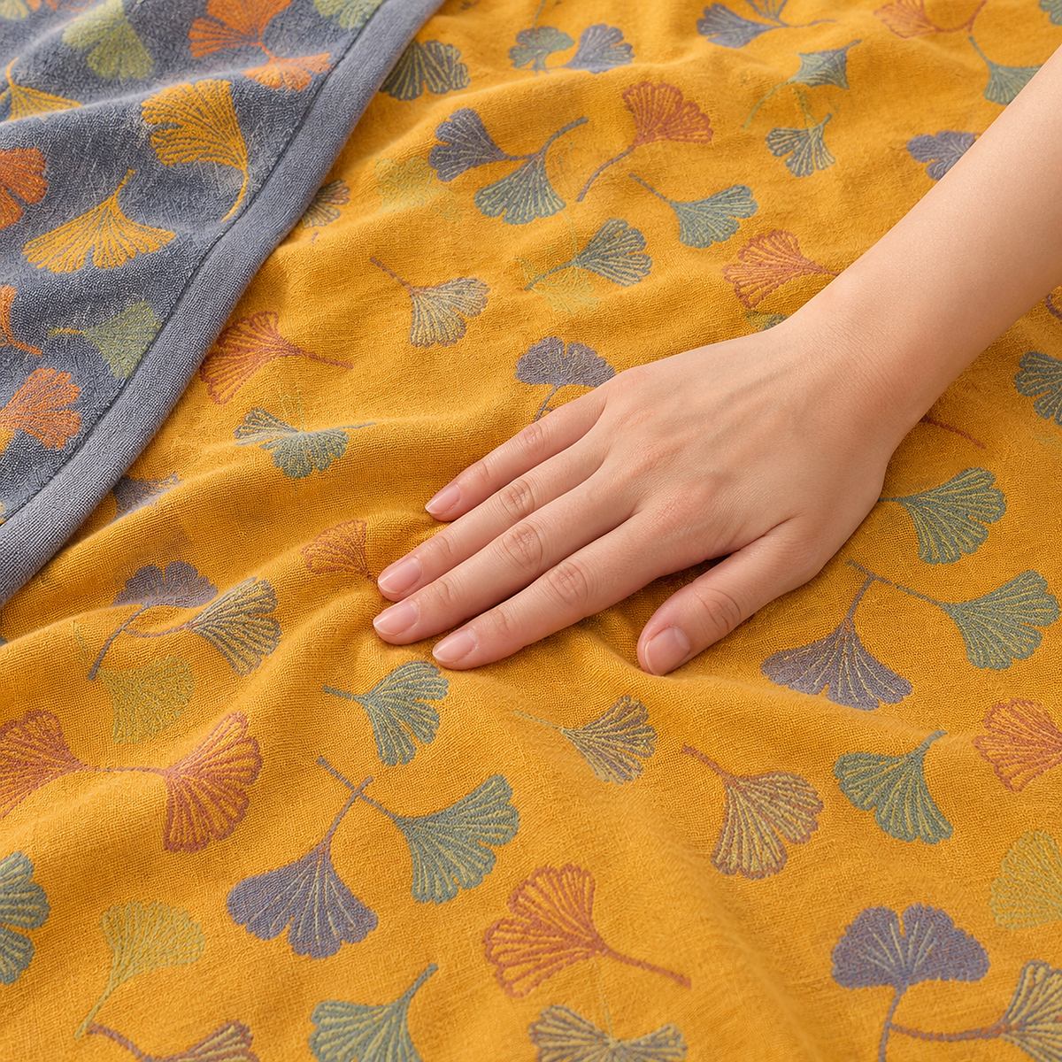 Calimor ginkgo leaf soft throw blanket in mustard yellow and gray with a hand smoothing its woven surface