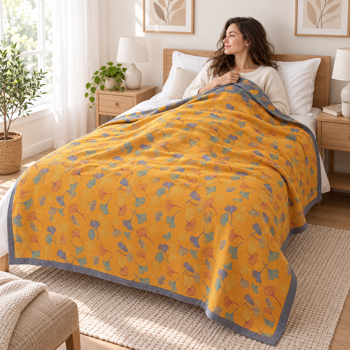 Calimor ginkgo leaf throw blanket in mustard yellow and gray covering an adult resting in a bright twin bedroom