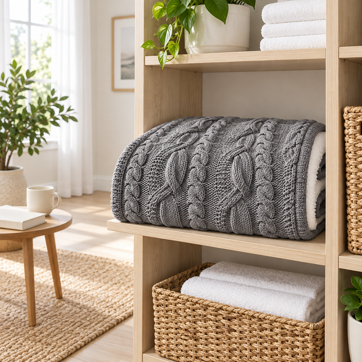 Camirel gray sherpa throw blanket folded for storage on an open shelf in a storage room #color_gray