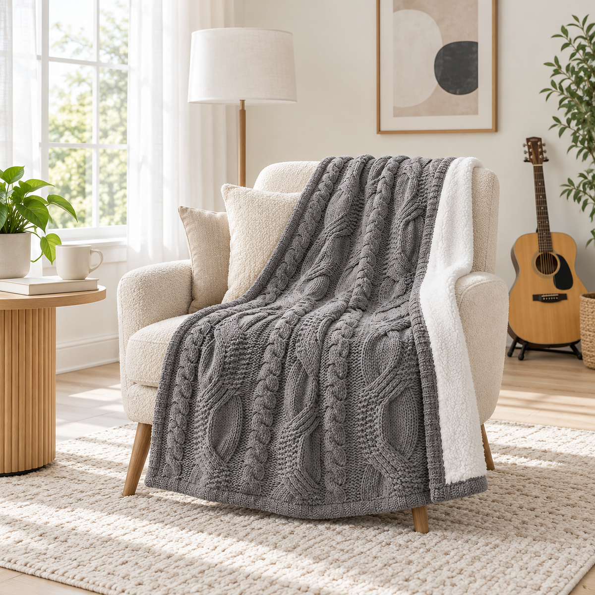 Camirel gray throw blanket for couch draped across a lounge chair in a music sitting room #color_gray
