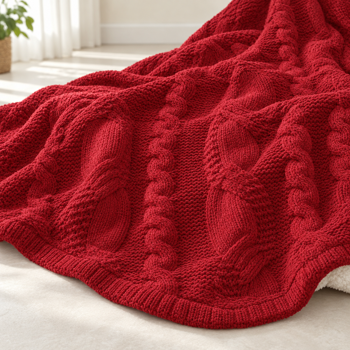 Camirel red chunky knit blanket close detail of the chenille with raised braided columns