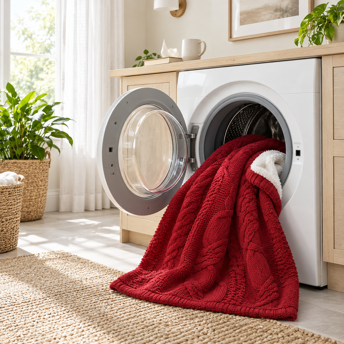Camirel red knit throw blanket ready for a machine wash in the laundry room