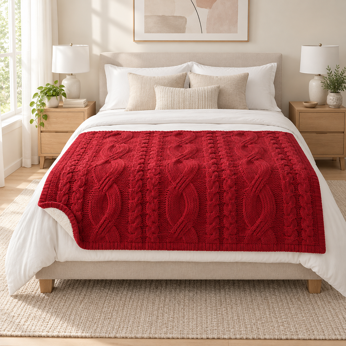 Camirel red soft throw blanket spread open at the foot of a queen bed in the main bedroom