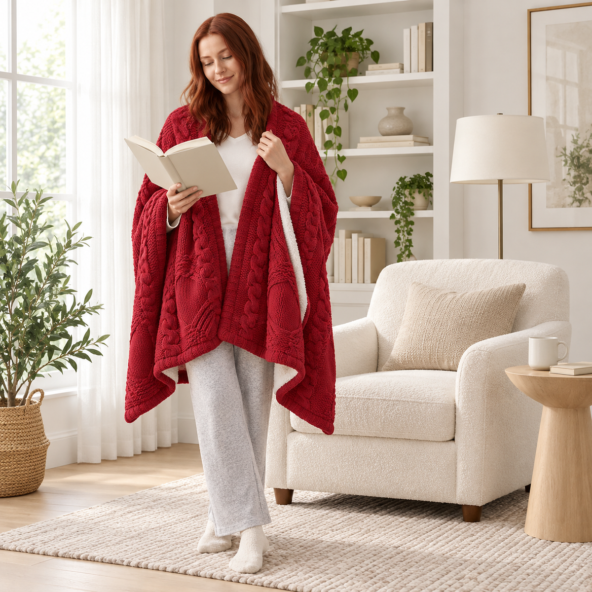 Camirel red throw blanket wrapped around the shoulders of an adult reading in a library alcove