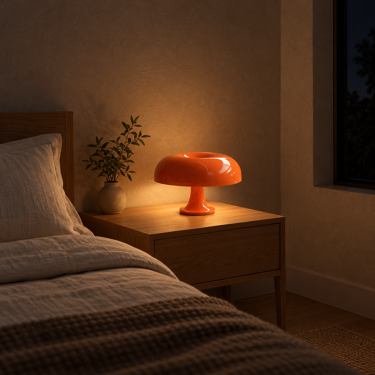 Camolire orange bedside lamp dimmed to a warm glow beside a made guest bed