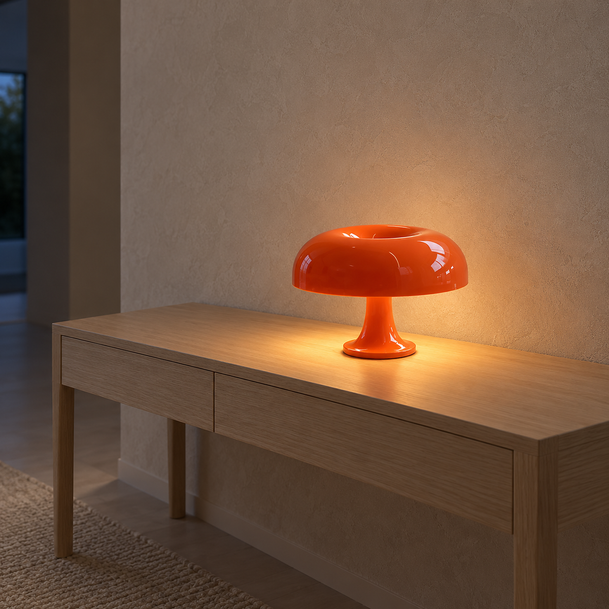 Camolire orange rechargeable mushroom table lamp glowing warm on an entry hall console