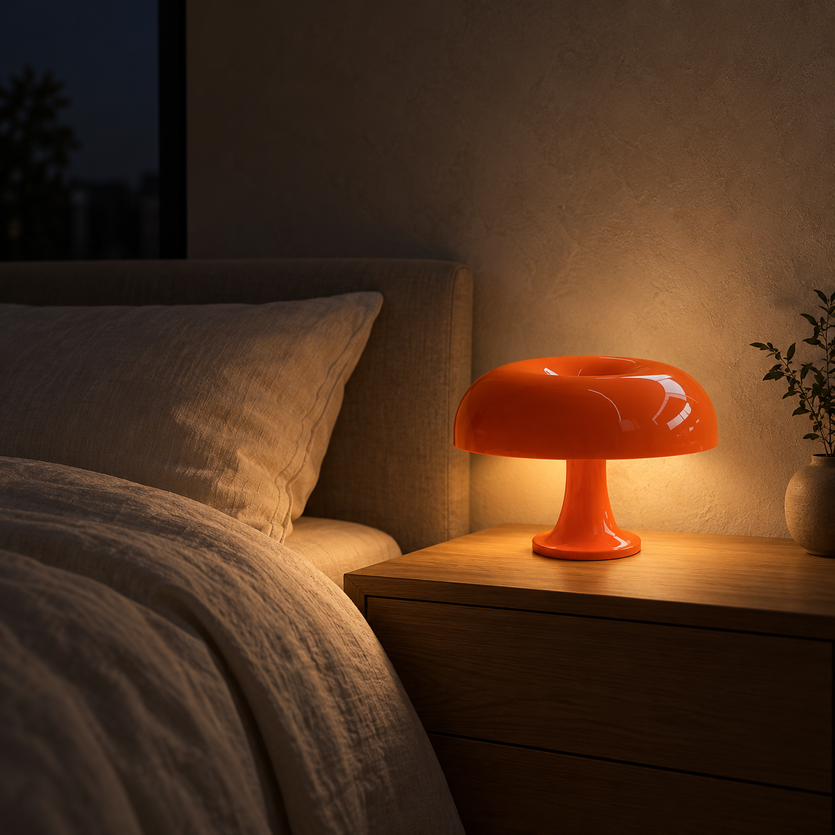 Camolire orange rechargeable table lamp giving a low dimmed glow at the bedside at night