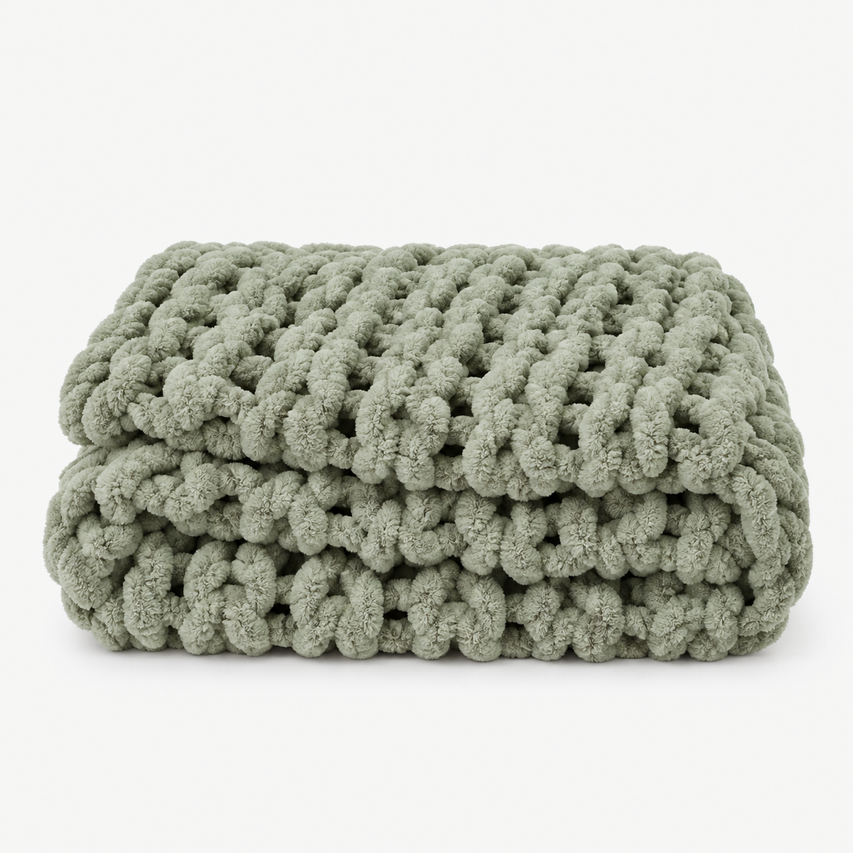 Canimor sage green chunky knit throw blanket loosely folded with thick rounded loops in neat rows