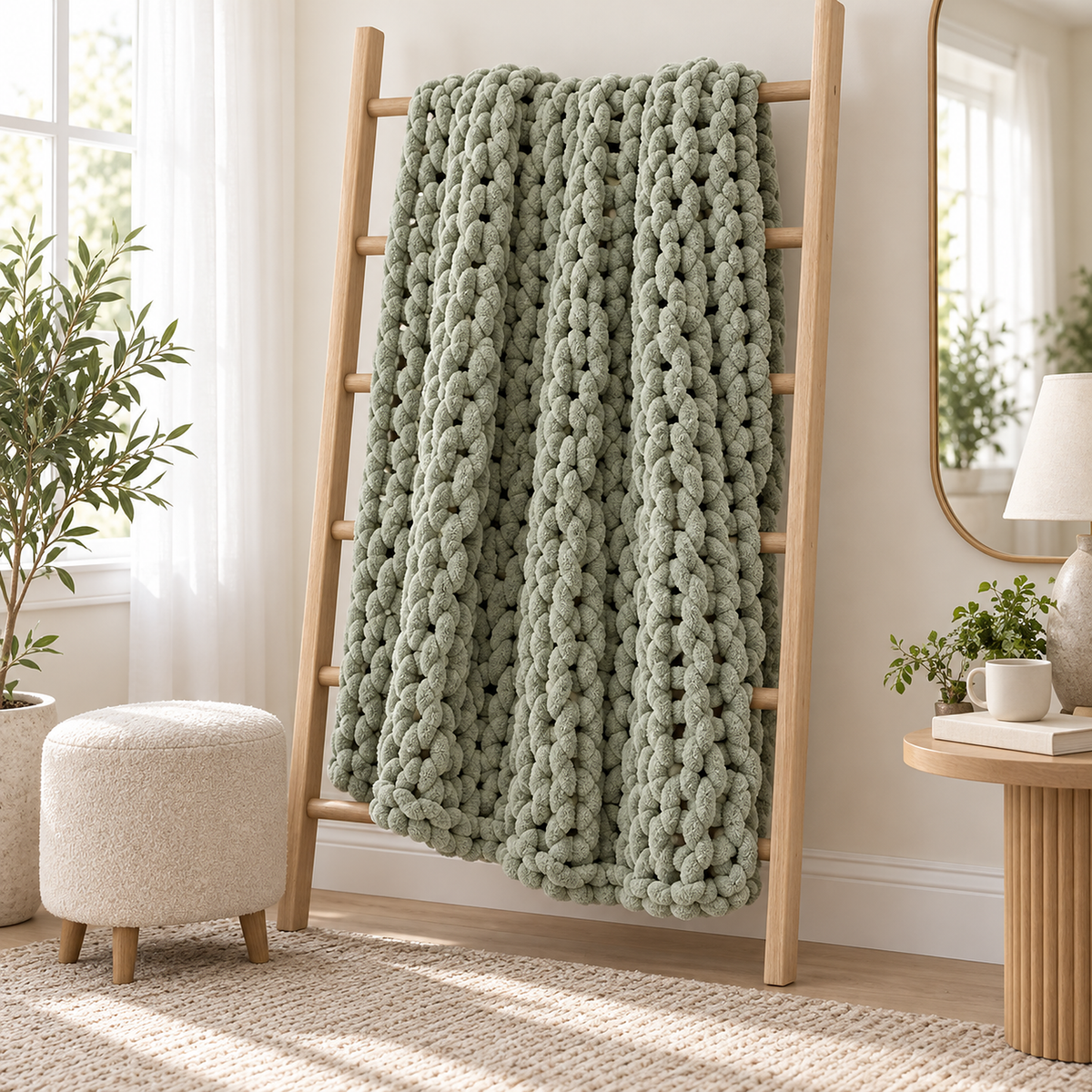Canimor sage green knit throw blanket opened out on a wooden ladder in a dressing room