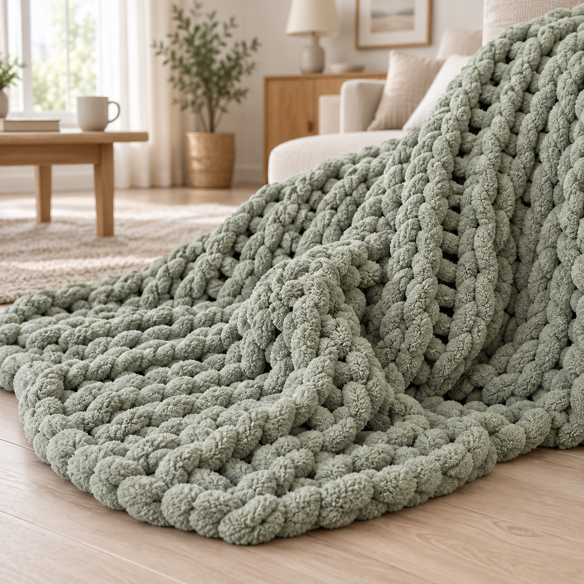 Canimor sage green soft throw blanket close up showing chunky chenille loops and fuzzy yarn