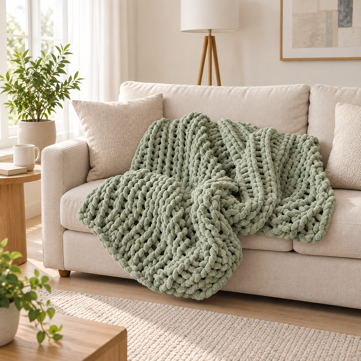 Canimor sage green throw blanket for couch spread across the sofa seat in a daylit living room