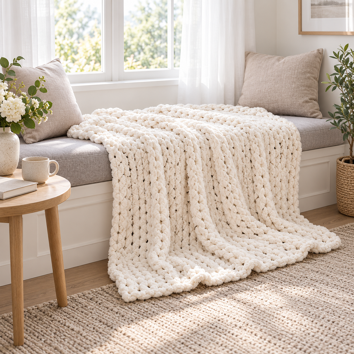Canimor white knit throw blanket spread flat across a window seat in a guest alcove #color_white