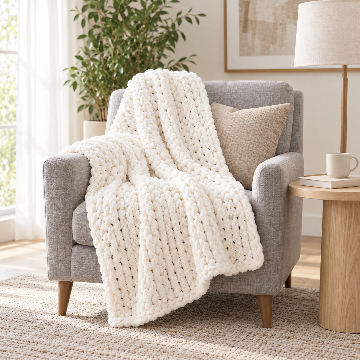 Canimor white soft throw blanket draped over an armchair in a guest sitting alcove #color_white