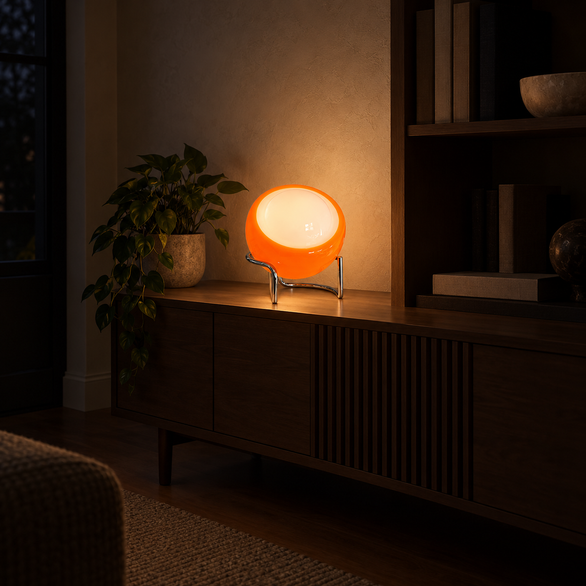 Canolva orange battery operated table lamp glowing softly in the library at night
