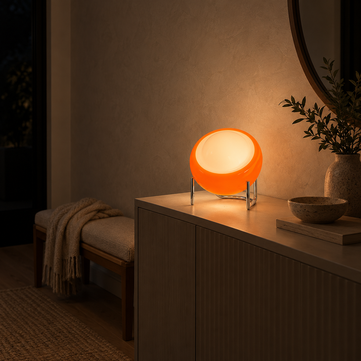 Canolva orange portable table lamp casting a soft glow across an entryway at night
