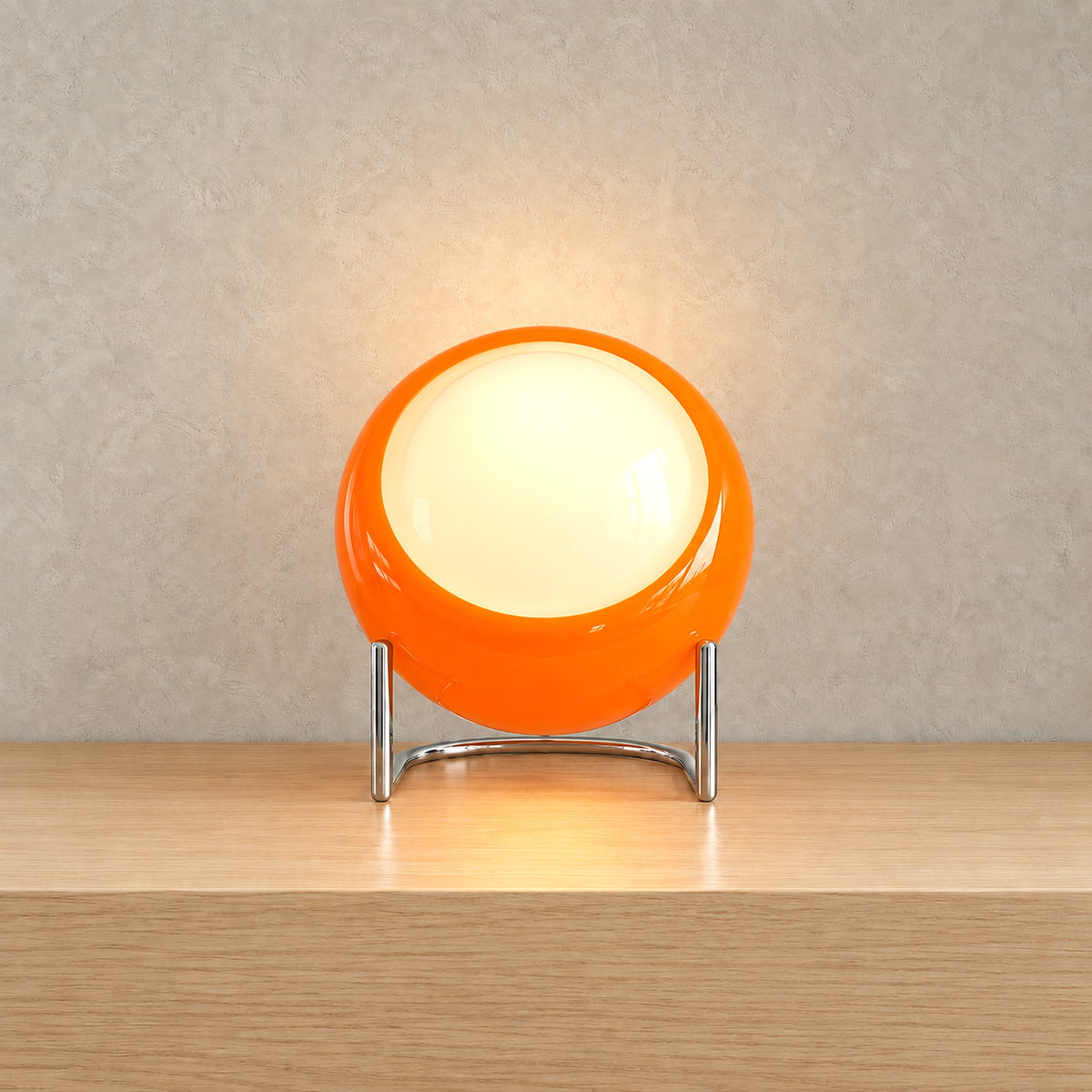 Canolva orange rechargeable table lamp with its face lit, dimmable and fitted with a touch on off switch