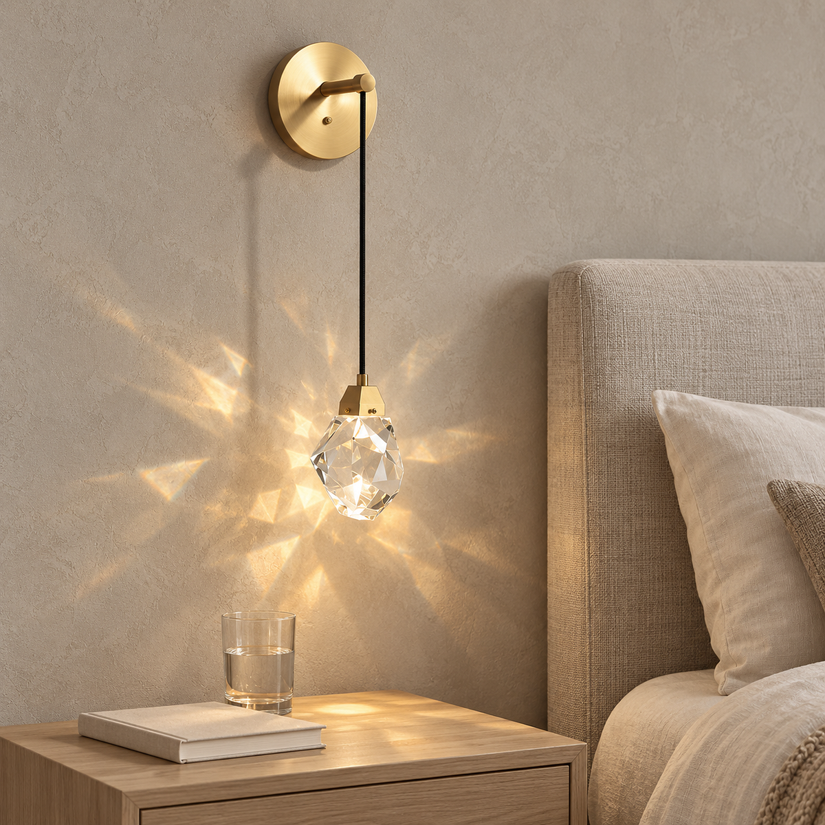 Caresilo brass color bedside wall light glowing beside a guest bed in daylight