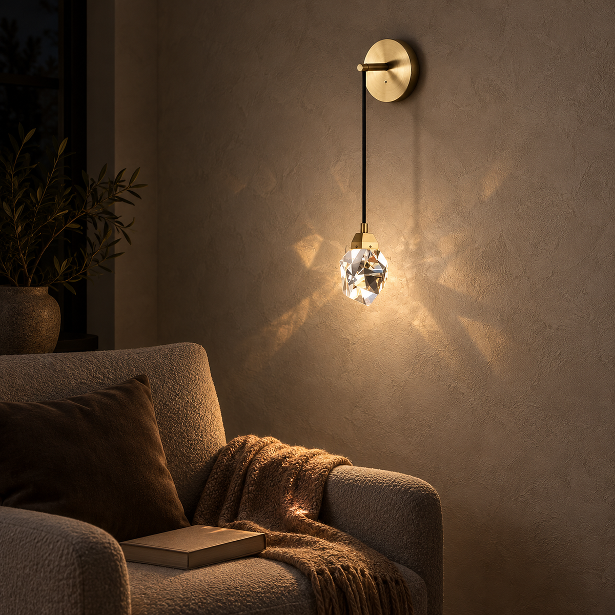 Caresilo brass color crystal wall lamp lighting evening plaster in a sitting room