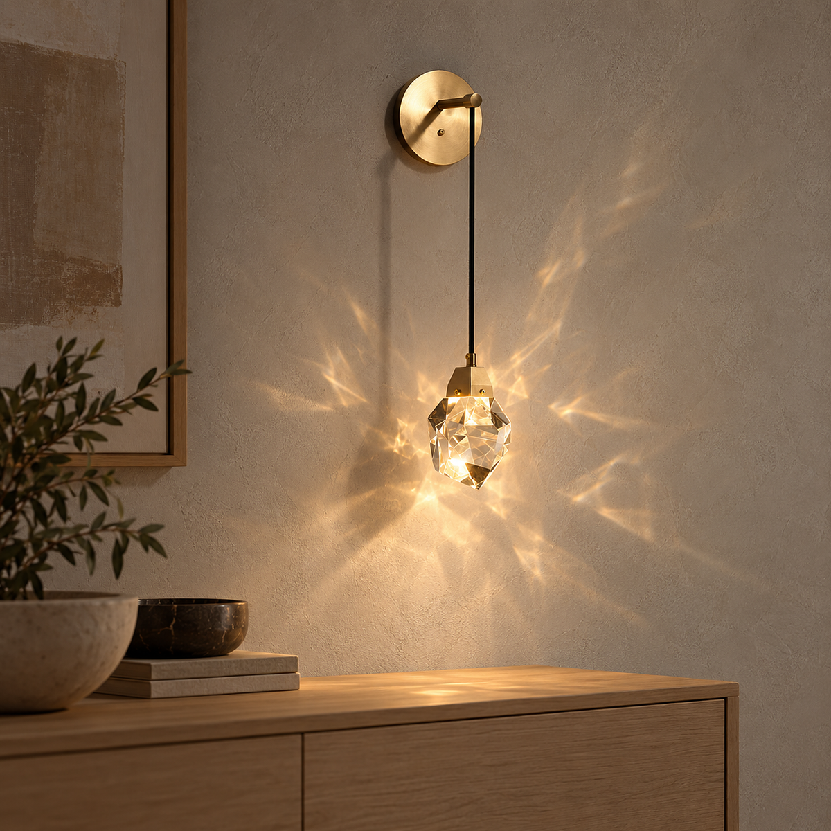 Caresilo brass color crystal wall light with warm facet reflections shown close up