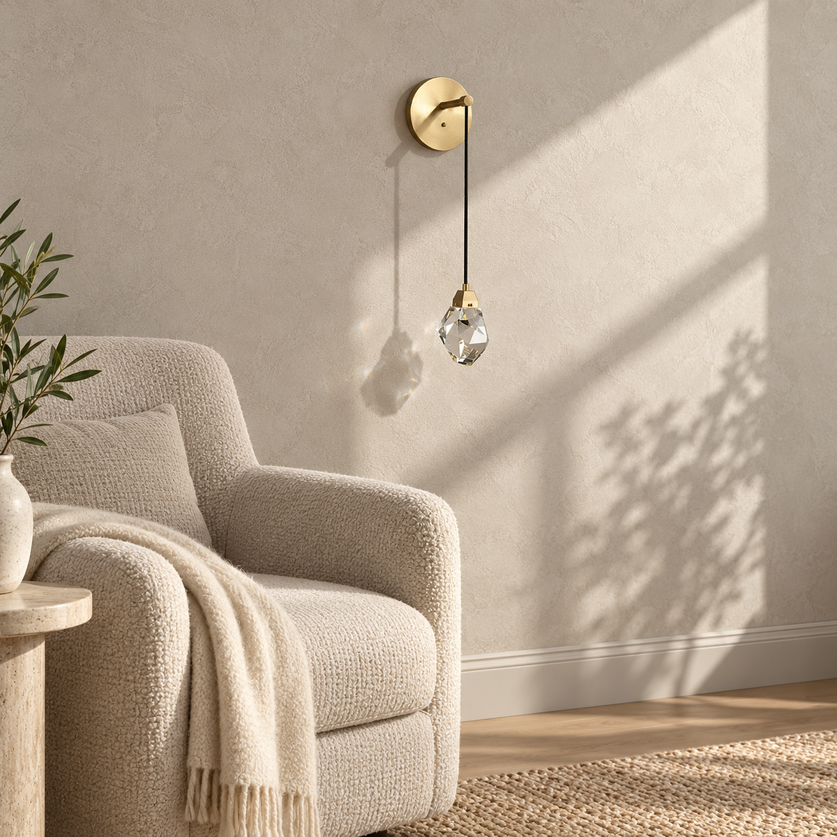 Caresilo brass color wall lamp unlit beside wool seating in a small sitting room