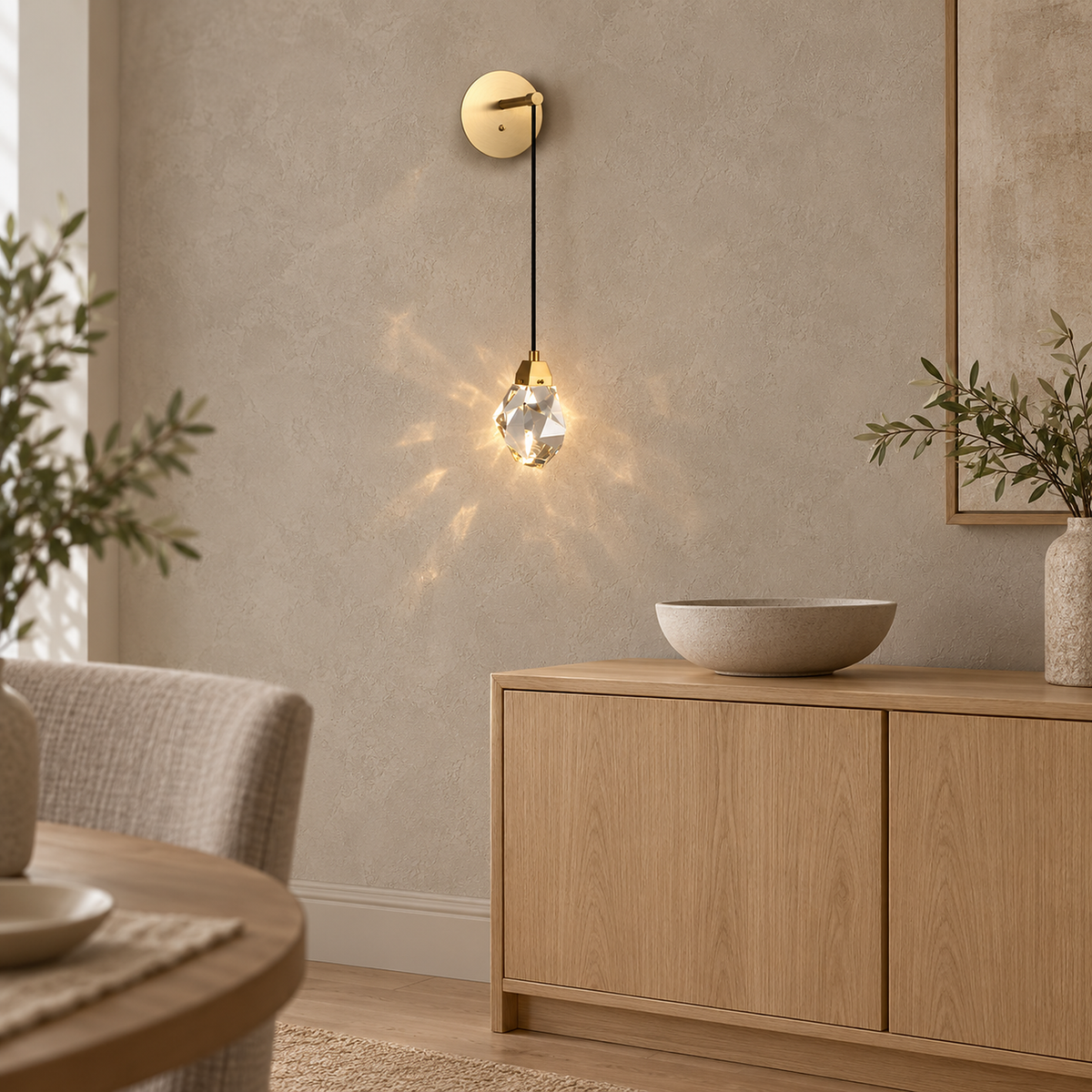 Caresilo brass color wall sconce lit on a dining room wall in daylight