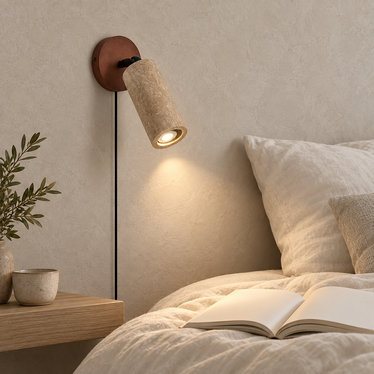 Cavenilo walnut color and yellow travertine bedside lamp lit beside a guest bed in daylight