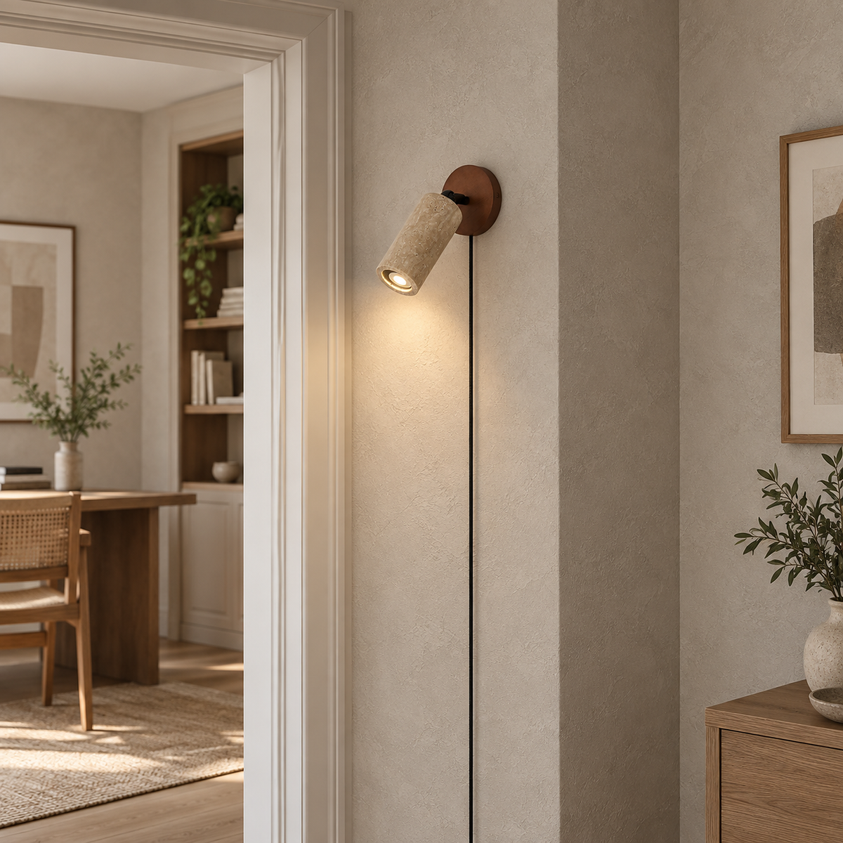 Cavenilo walnut color and yellow travertine LED wall sconce lighting a narrow strip of home office wall