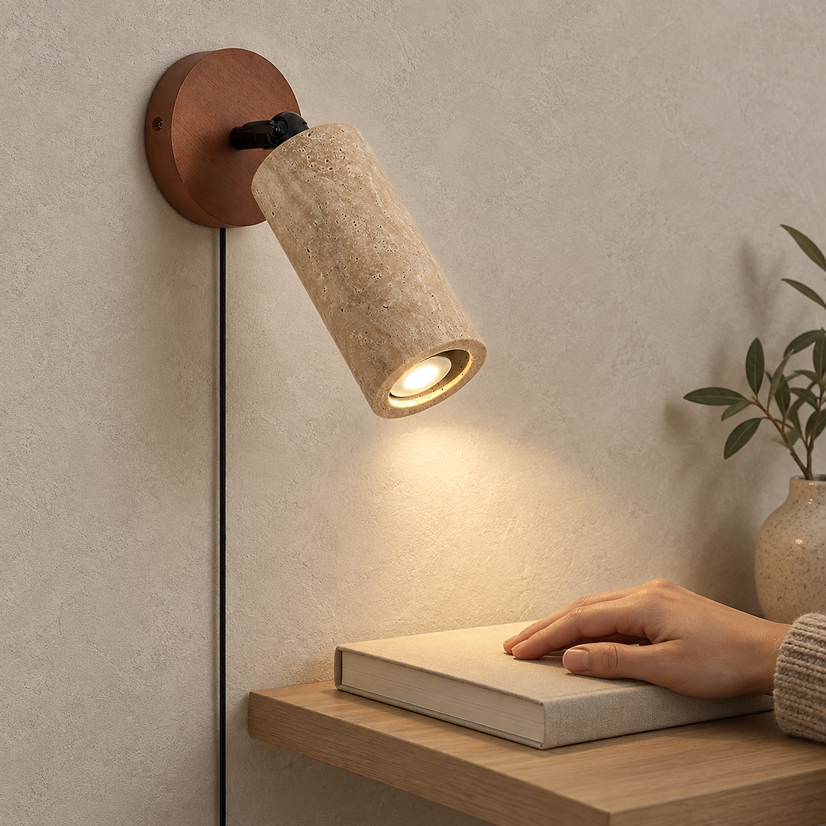 Cavenilo walnut color and yellow travertine LED wall sconce lit above a hand resting on a book