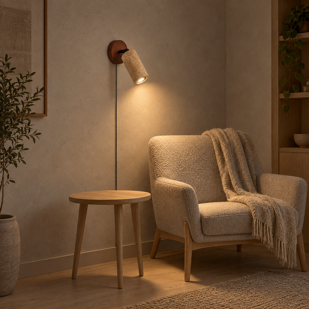 Cavenilo walnut color and yellow travertine plug in wall sconce lit beside a living room chair and table