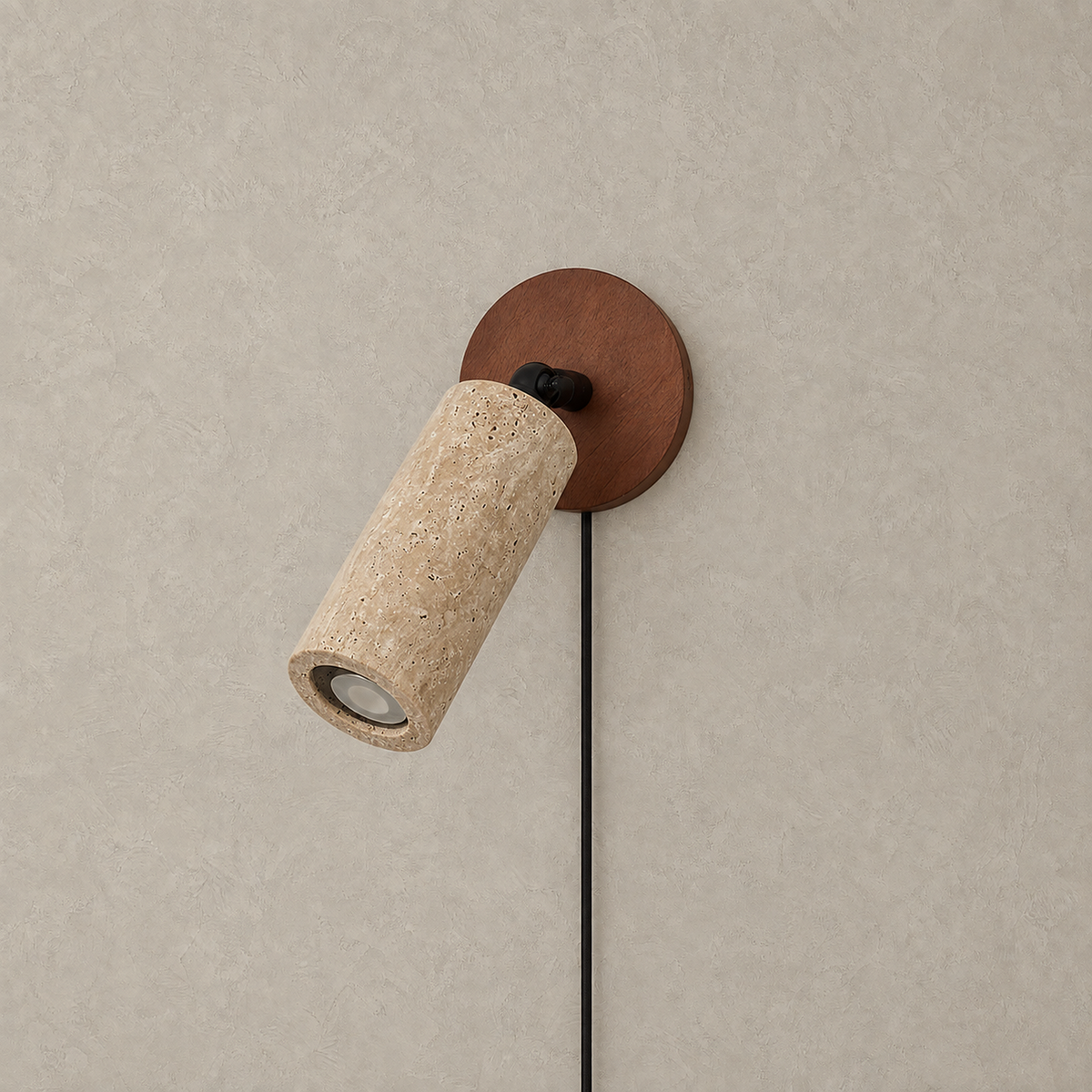 Cavenilo walnut color and yellow travertine plug in wall sconce unlit in its cylinder form