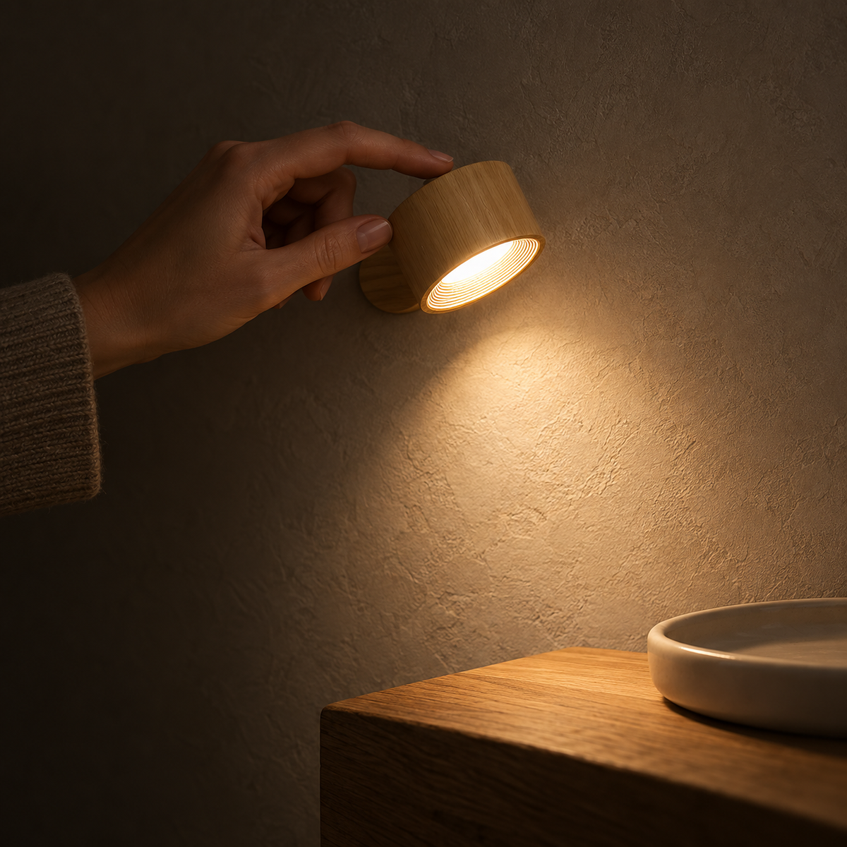 Caviloro battery operated wall sconce in wood effect lighting an entryway ledge at night